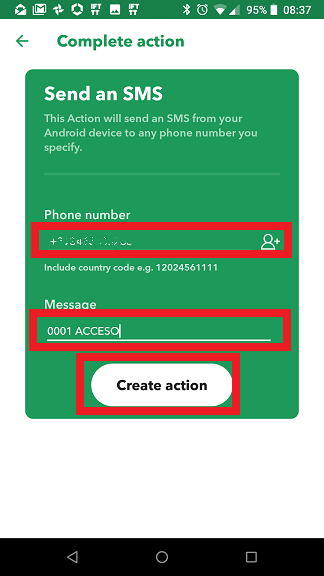 Applet Alexa IFTTT: numero e testo SMS action (azione)