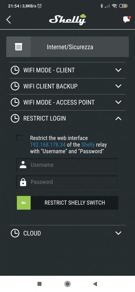 Shelly Cloud App Restrict Login