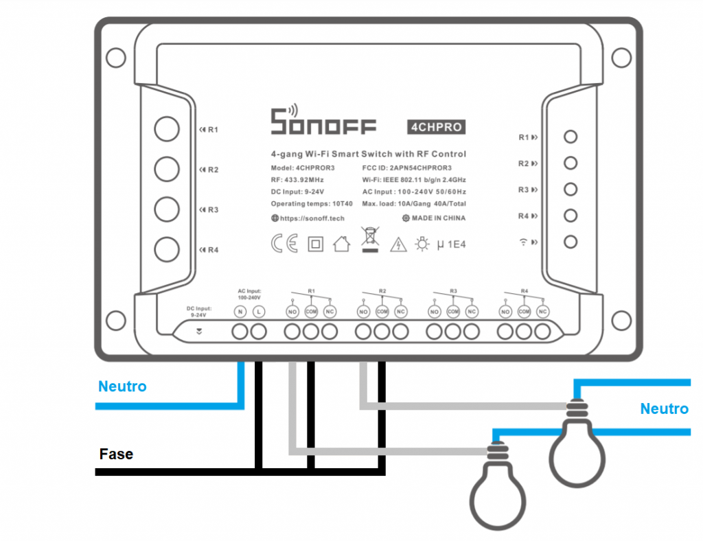 Schema di collegamento elettrico Sonoff 4CH Pro R3