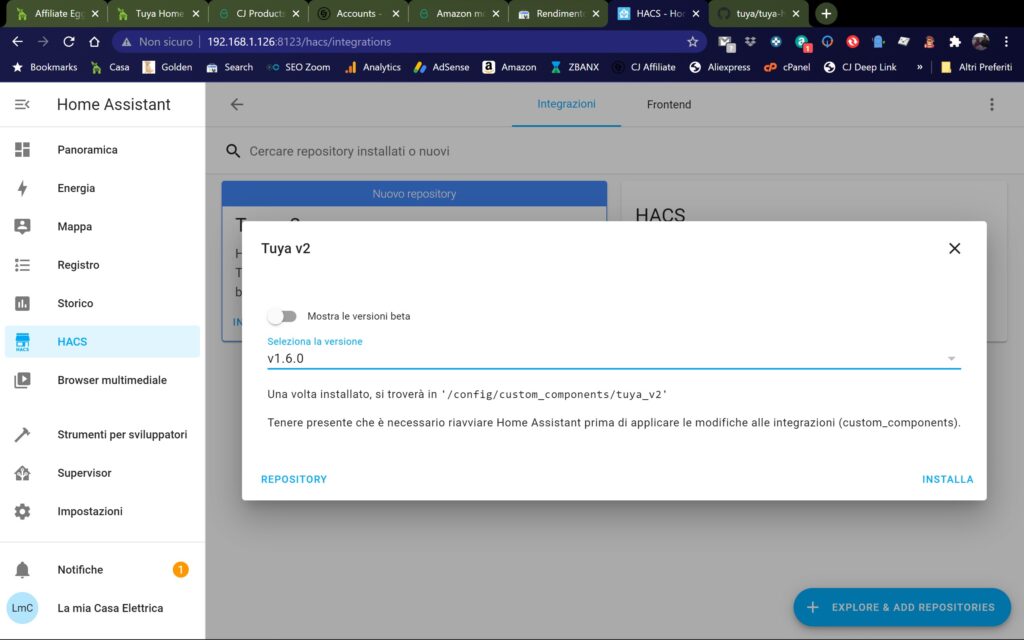 Installare Tuya v2 mediante Home Assistant Community Store (HACS)