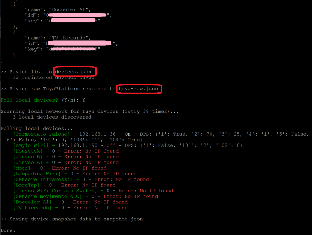 Risultato TinyTuya con recupero Local Key