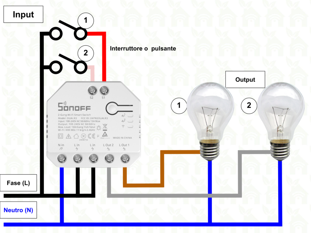Sonoff Dual R3 schema elettrico di collegamento con interruttore o pulsante